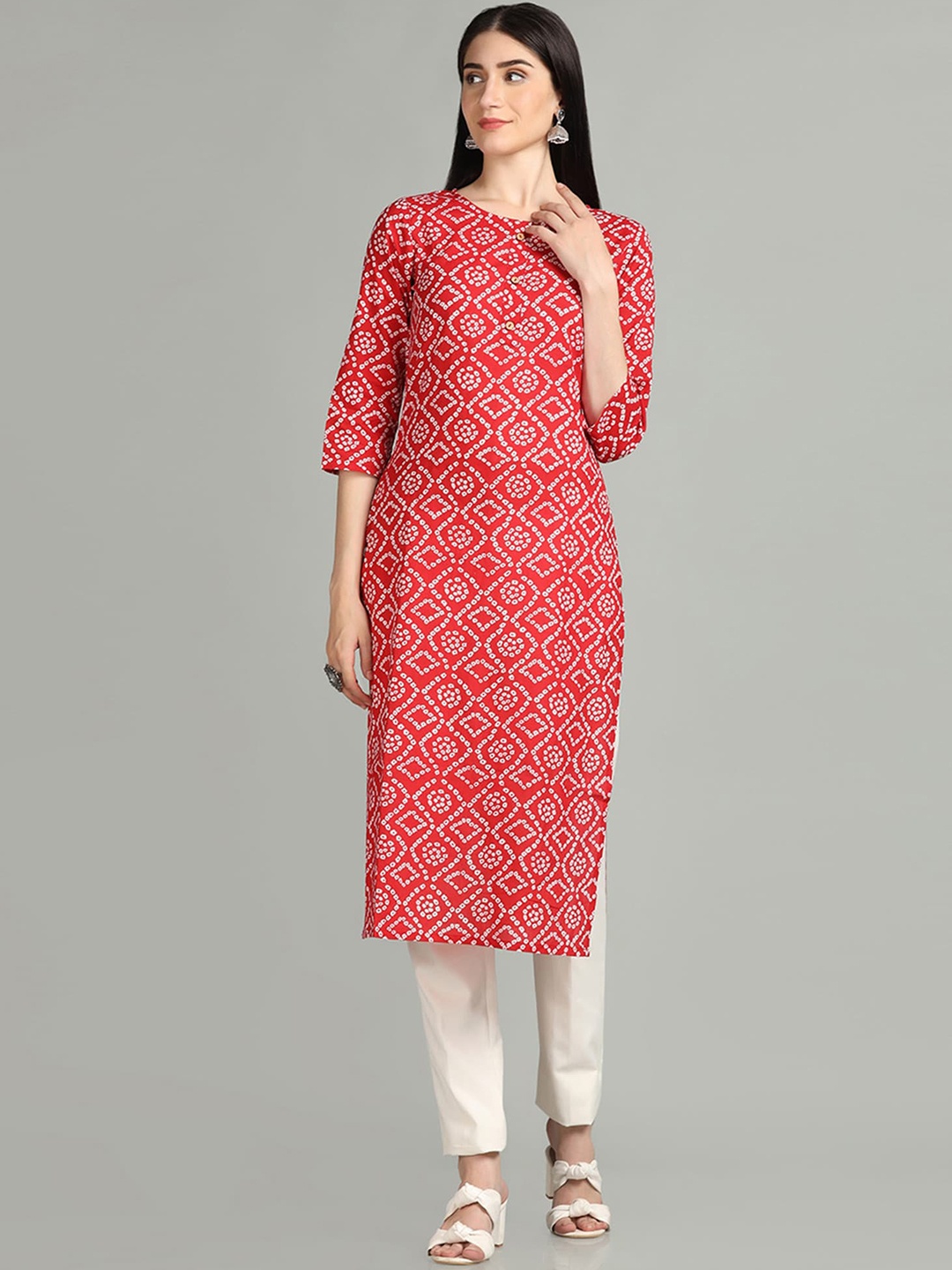 

KALINI Women Geometric Printed Mirror Work Indie Prints Kurta, Red