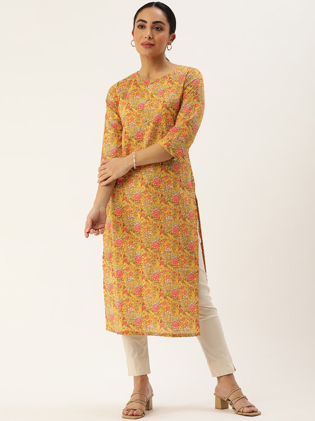 

KALINI Women Floral Checked Thread Work Indie Prints Anarkali Kurta, Yellow