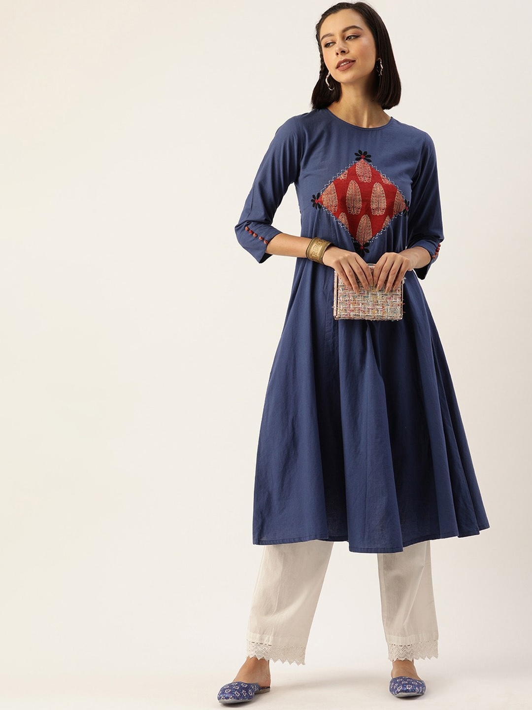 

KALINI Women Yoke Design Keyhole Neck Thread Work Indie Prints Anarkali Kurta, Blue