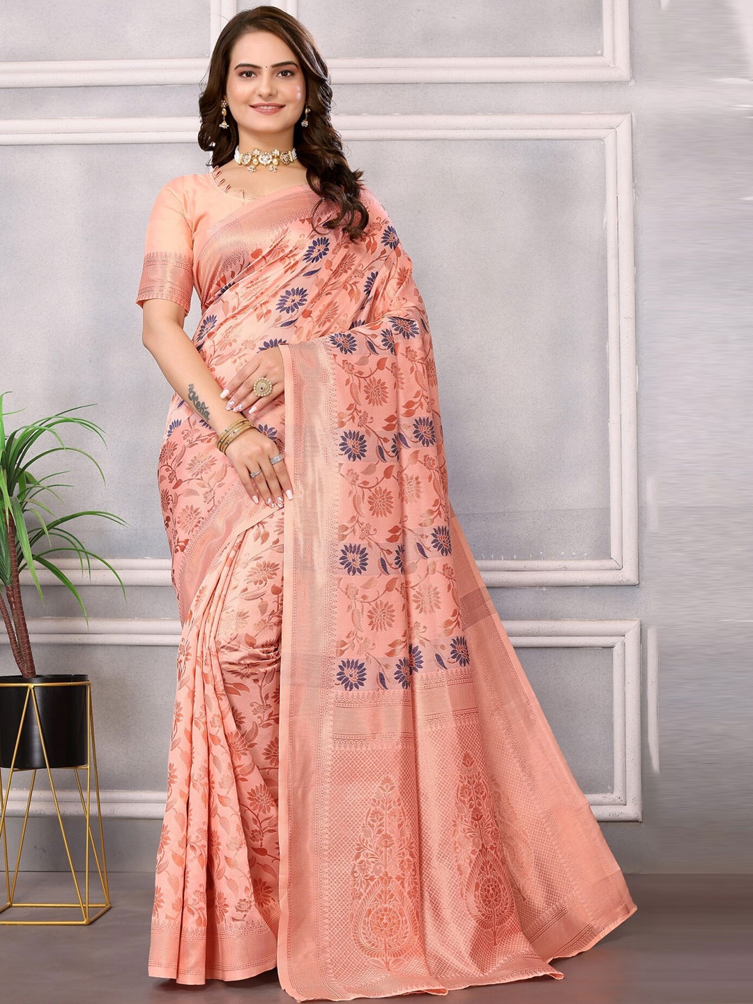 

vj fashion Woven Design Silk Blend Banarasi Saree, Peach