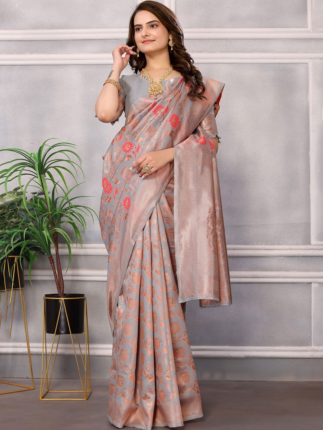 

vj fashion Woven Design Zari Silk Blend Banarasi Saree, Grey