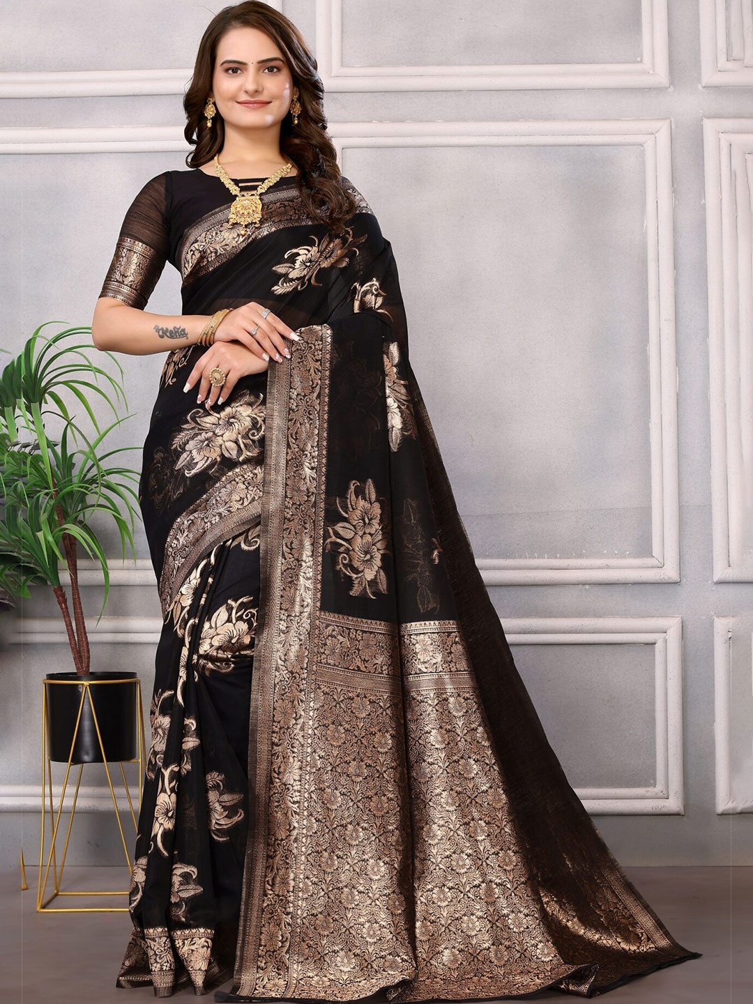 

vj fashion Ethnic Motifs Zari Linen Blend Banarasi Saree, Black