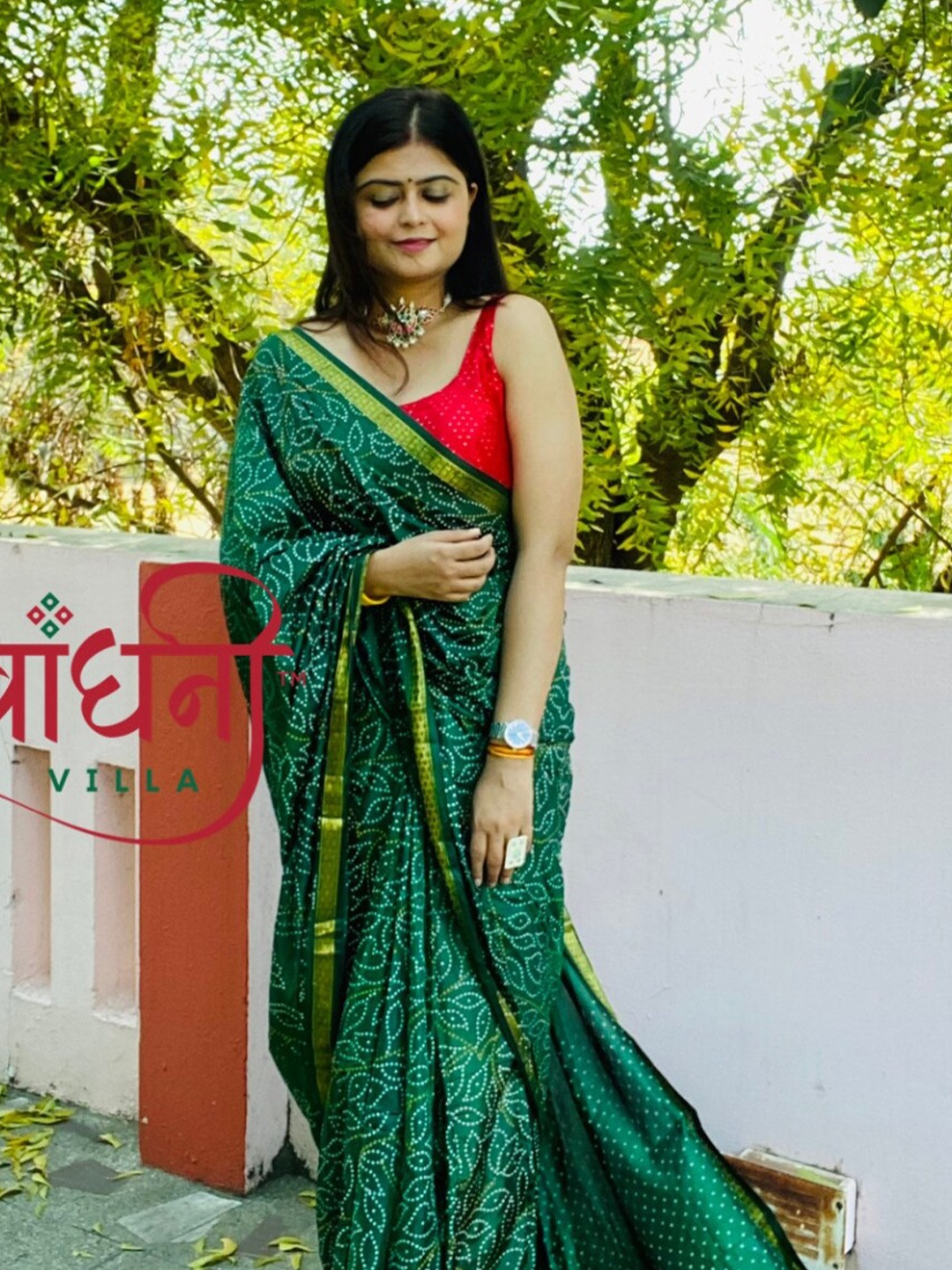 

Bandhanivilla Bandhani Zari Pure Silk Bandhani Saree, Green