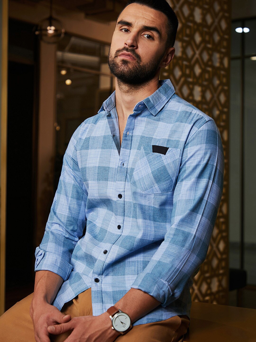 

Campus Sutra Cotton Check Shirt, Blue