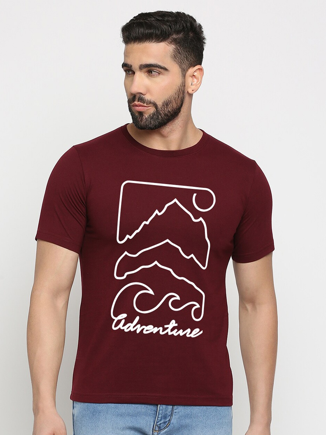 

MOD ECRU Unisex Typography Printed V-Neck Raw Edge T-shirt, Maroon
