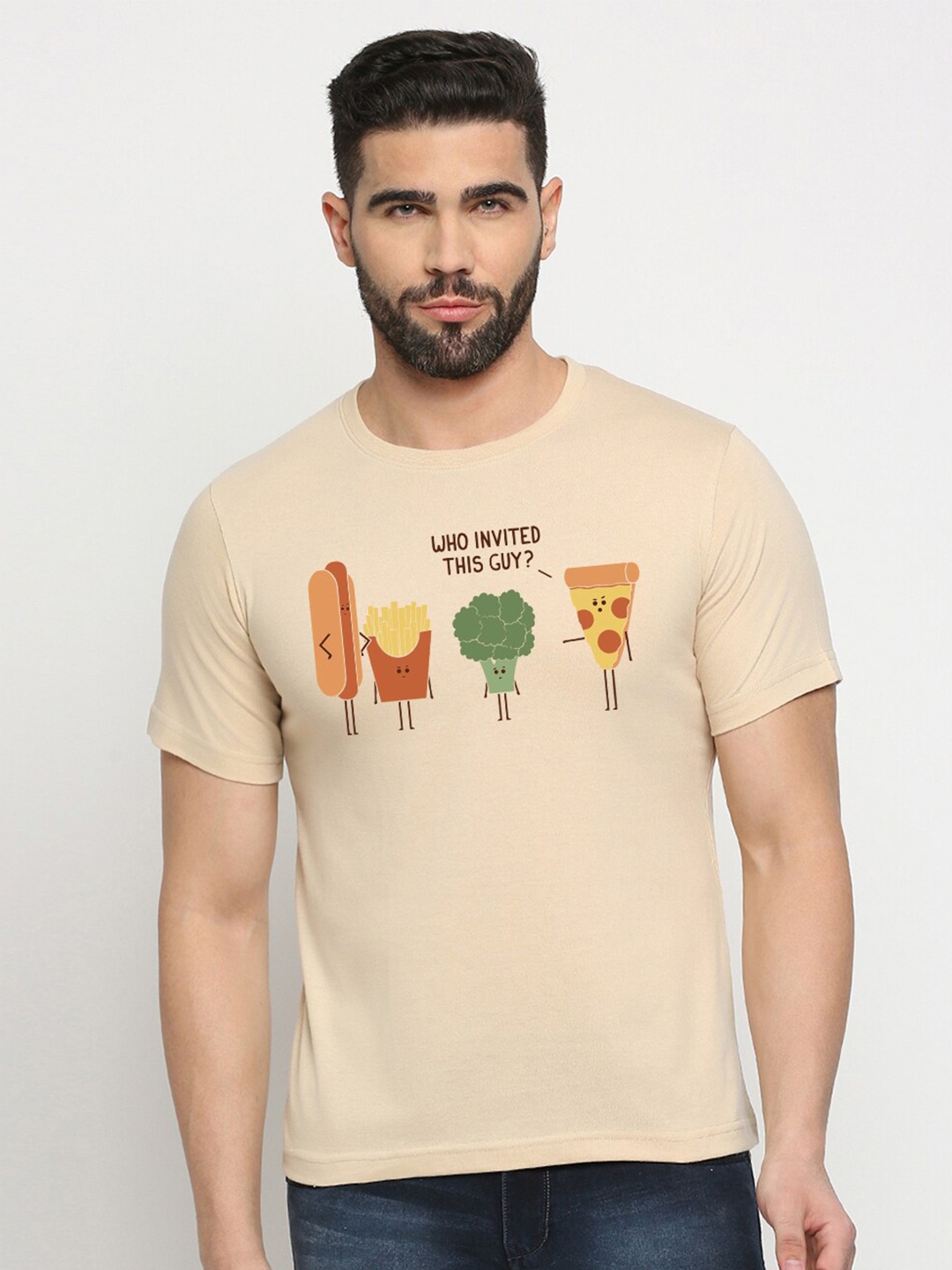 

MOD ECRU Unisex Printed V-Neck Applique T-shirt, Cream