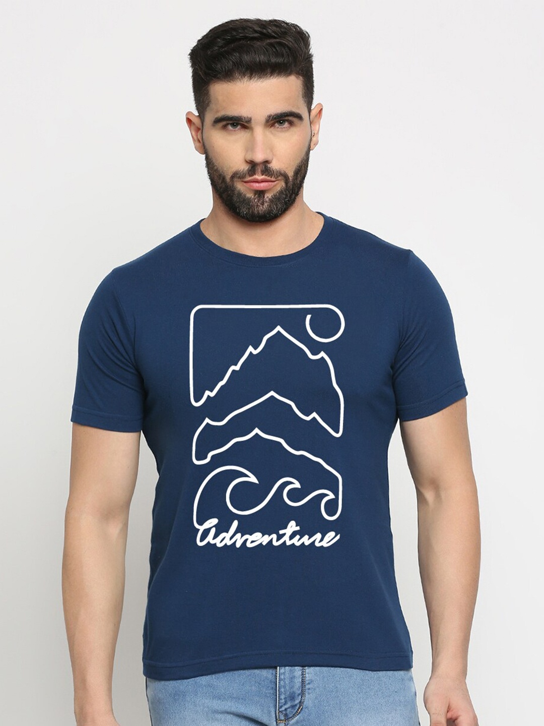 

MOD ECRU Unisex Typography Printed V-Neck Raw Edge T-shirt, Blue