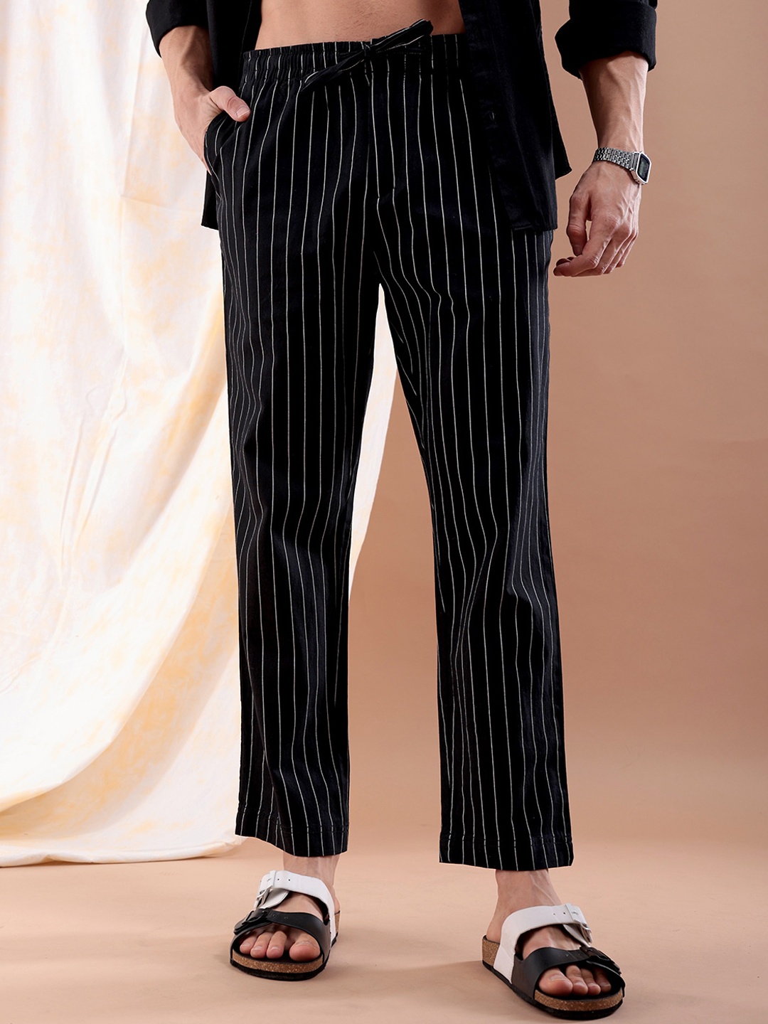 

The Indian Garage Co Men Striped Pleated Trousers, Black
