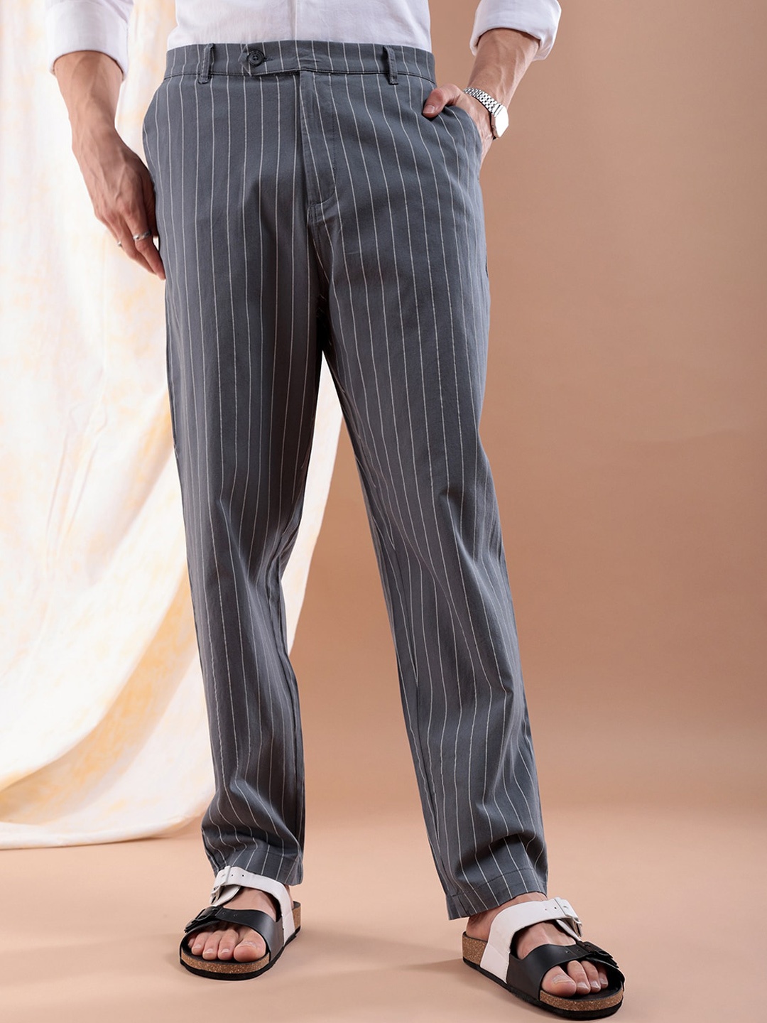 

The Indian Garage Co Men Striped Trousers, Grey