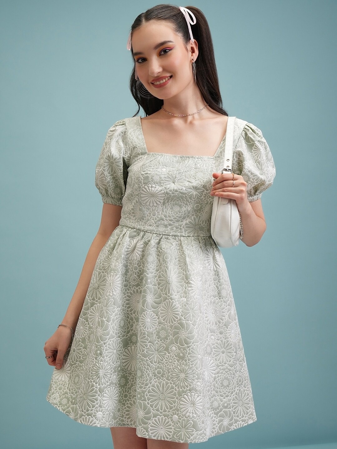

Tokyo Talkies Puff Sleeve Fit & Flare Dress, Green