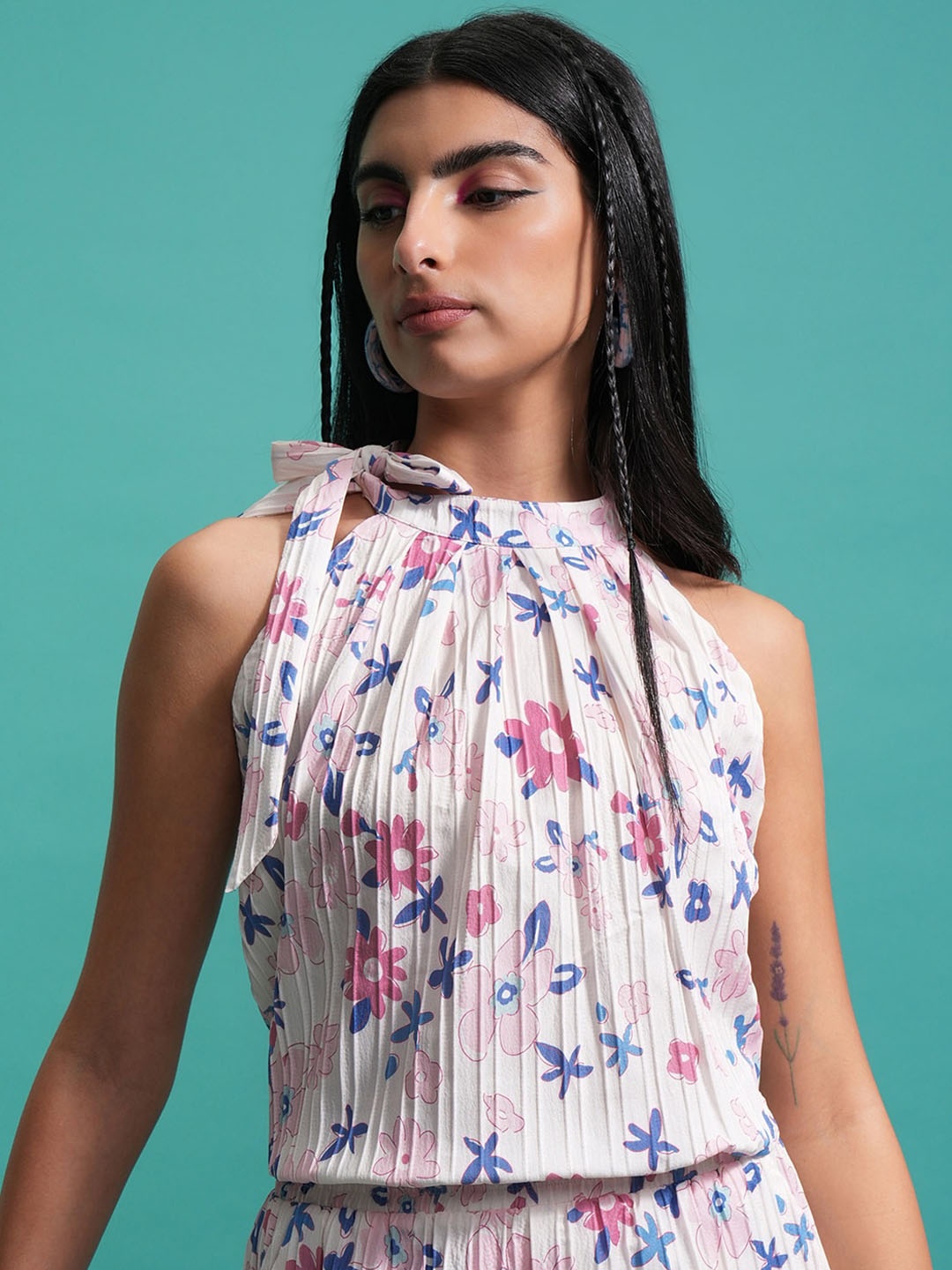 

Tokyo Talkies Floral Printed Halter Neck Top With Shorts Co-Ords, White