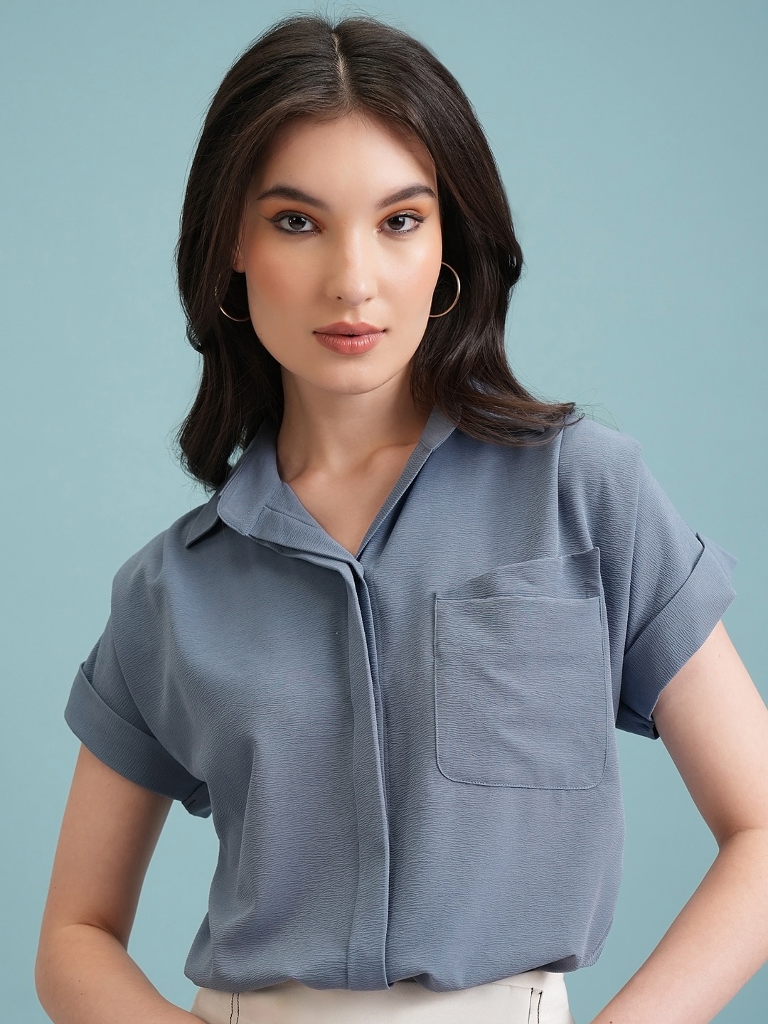 

Tokyo Talkies Women Solid Extended Shoulder Button Down Shirt, Blue
