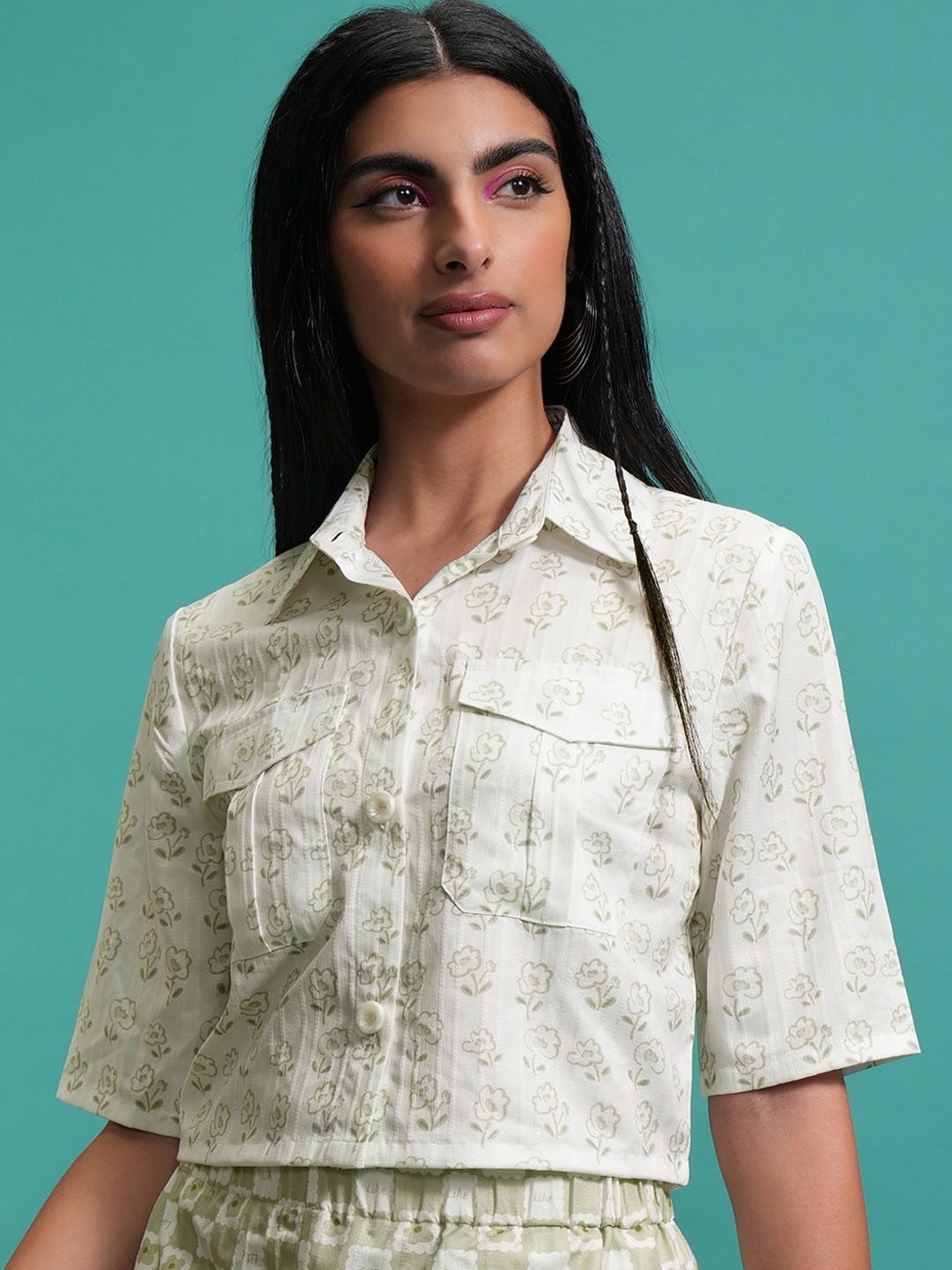 Tokyo Talkies Floral Printed Shirt Collar Shirt With Shorts Co-Ords, Green