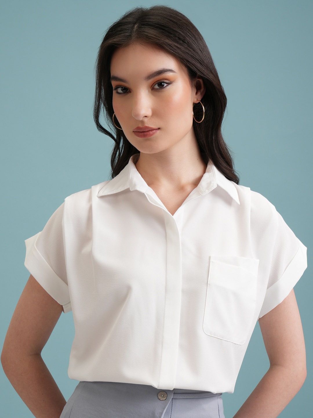 

Tokyo Talkies Women Solid Extended Shoulder Button Down Shirt, White