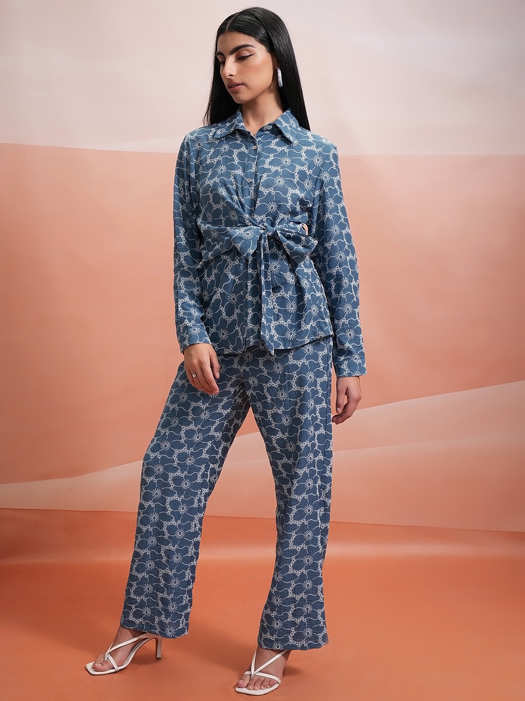 

Tokyo Talkies Floral Printed Shirt Collar Shirt With Trousers Co-Ords, Blue