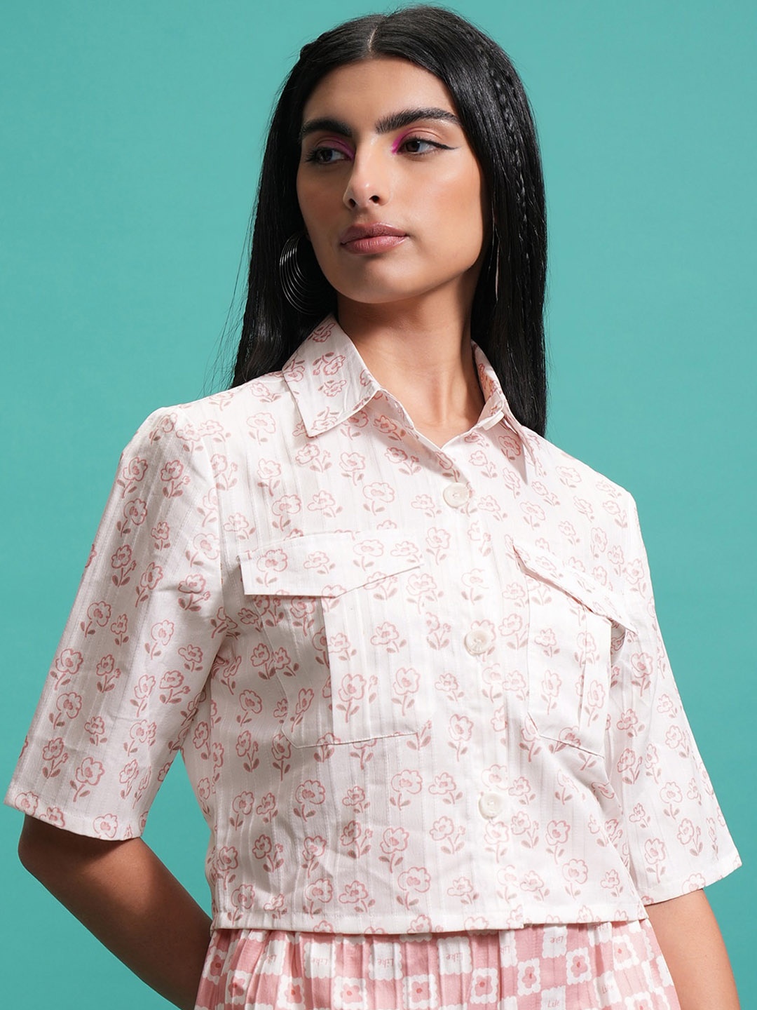 Tokyo Talkies Floral Printed Shirt Collar Shirt With Shorts Co-Ords, Peach