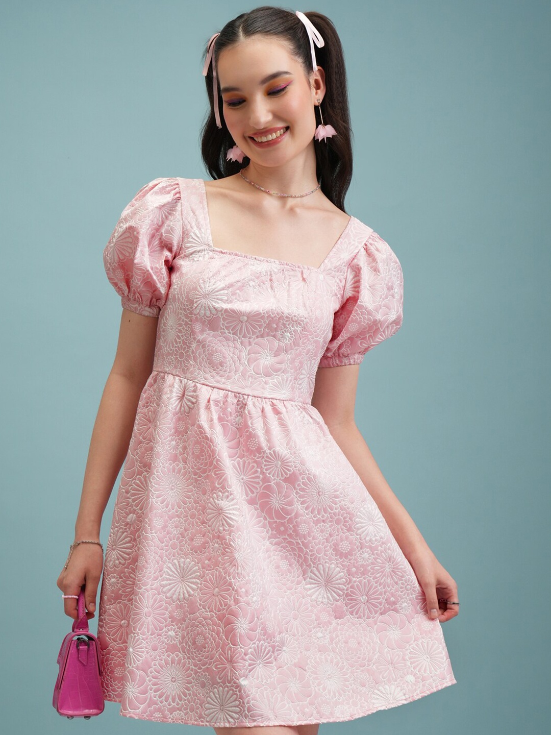 

Tokyo Talkies Puff Sleeve Fit & Flare Dress, Pink