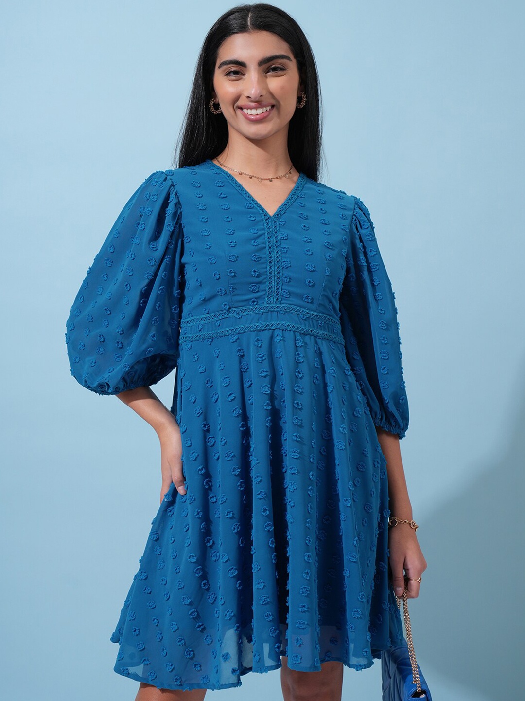 

Tokyo Talkies Puff Sleeve Fit & Flare Dress, Blue