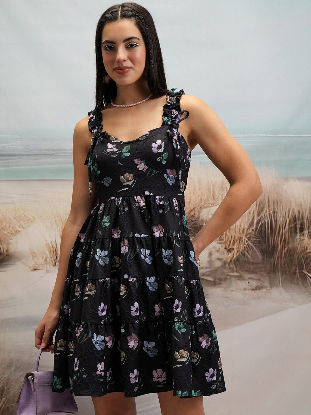 

Tokyo Talkies Floral Print Fit & Flare Dress, Black