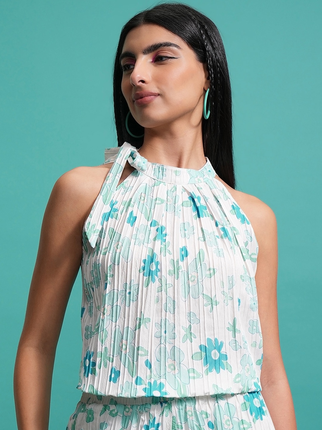 

Tokyo Talkies Floral Printed Halter Neck Top With Shorts Co-Ords, Blue