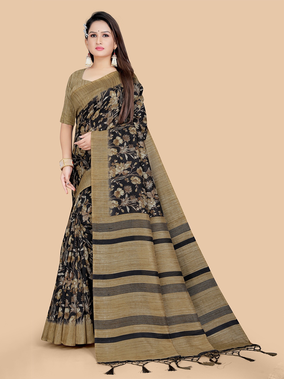 

PBS PRINTS Floral Jute Silk Mysore Silk Saree, Beige