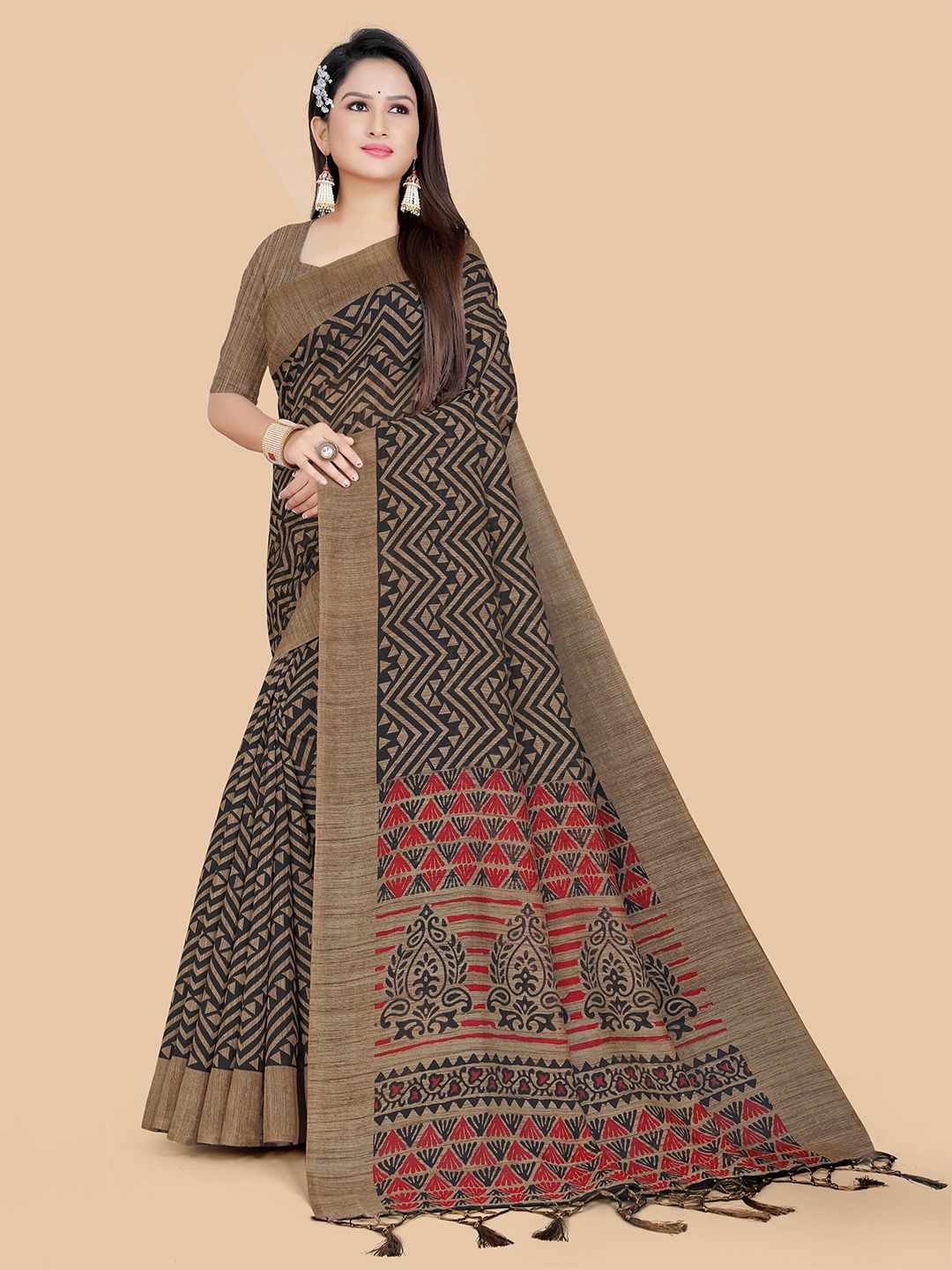 

PBS PRINTS Striped Silk Cotton Tussar Saree, Black
