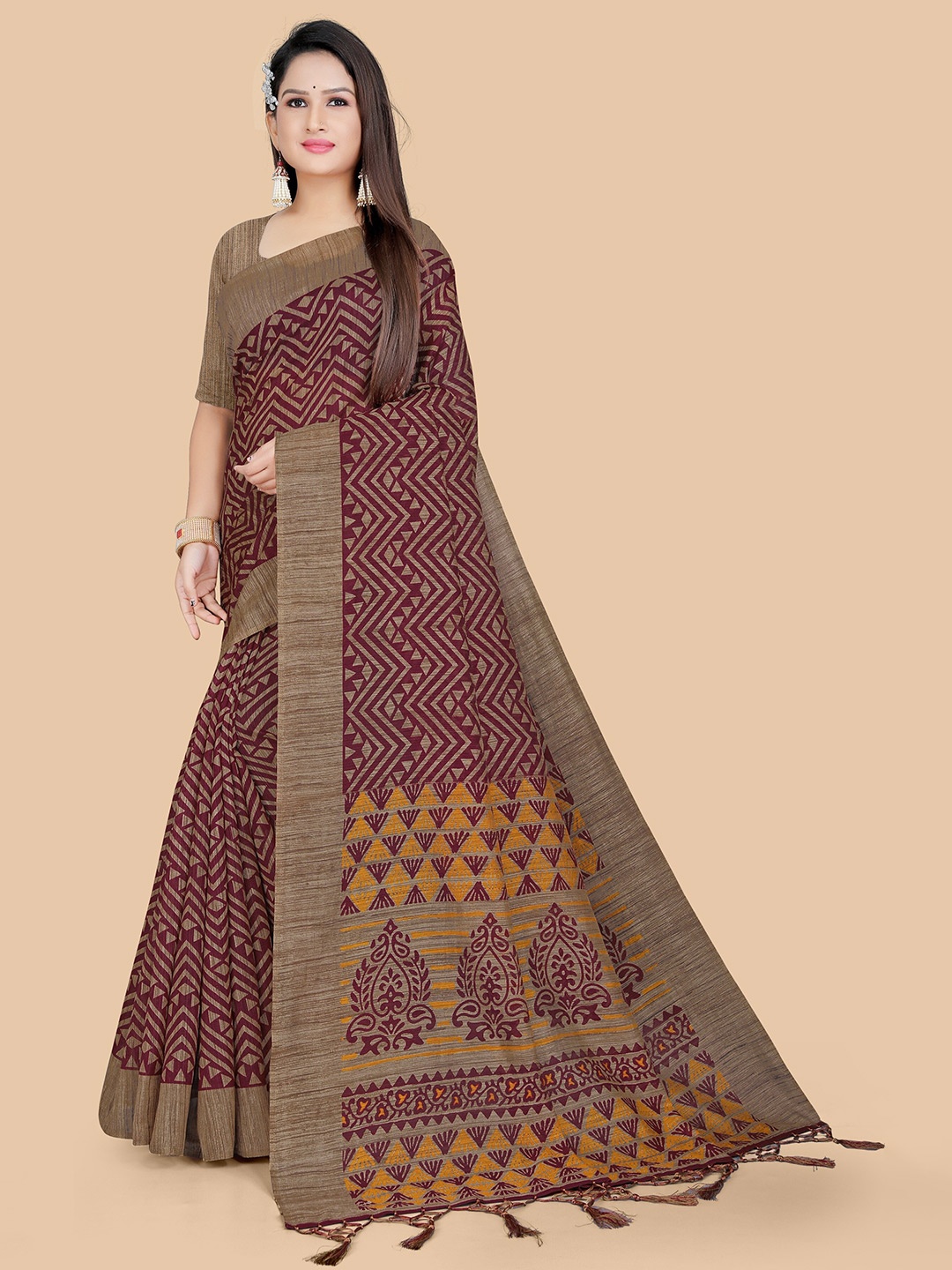 

PBS PRINTS Silk Cotton Tussar Saree, Maroon