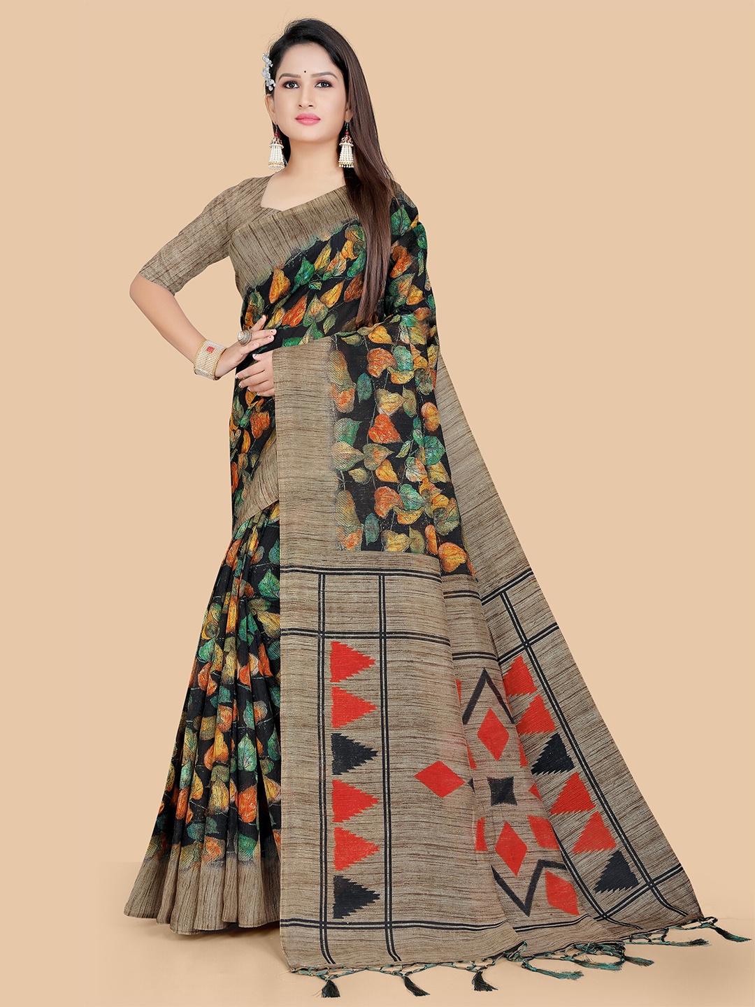 

PBS PRINTS Ethnic Motifs Jute Cotton Kasavu Saree, Black