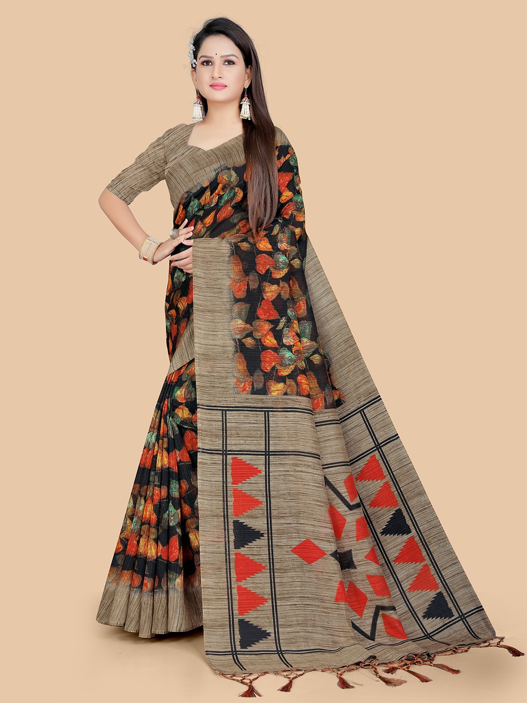

PBS PRINTS Floral Jute Cotton Kasavu Saree, Orange