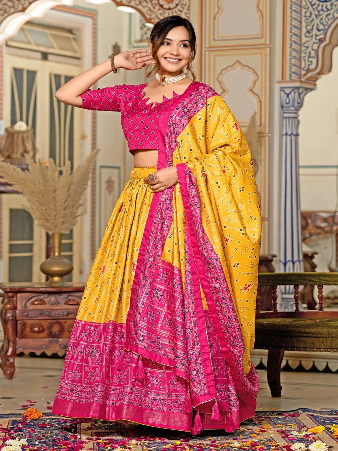 

Sadika Foil Print Meenakari Work Semi-Stitched Lehenga & Unstitched Blouse With Dupatta, Yellow