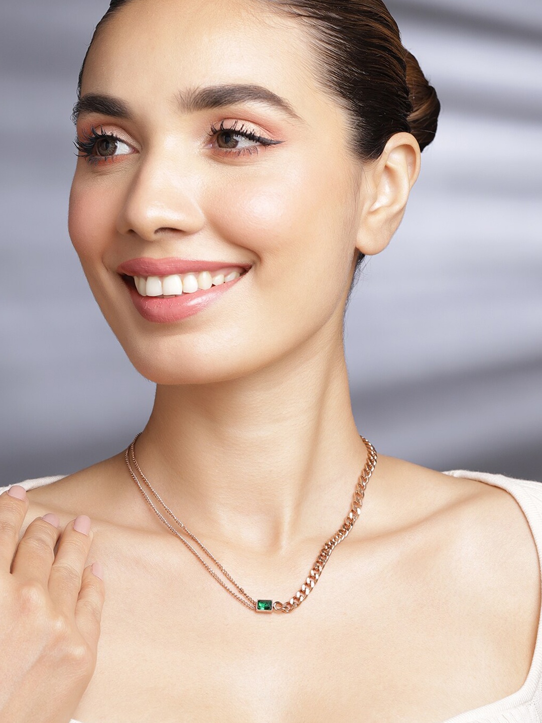 

Rubans Rose Gold Plated Emerald Studded Dual Chained Necklace