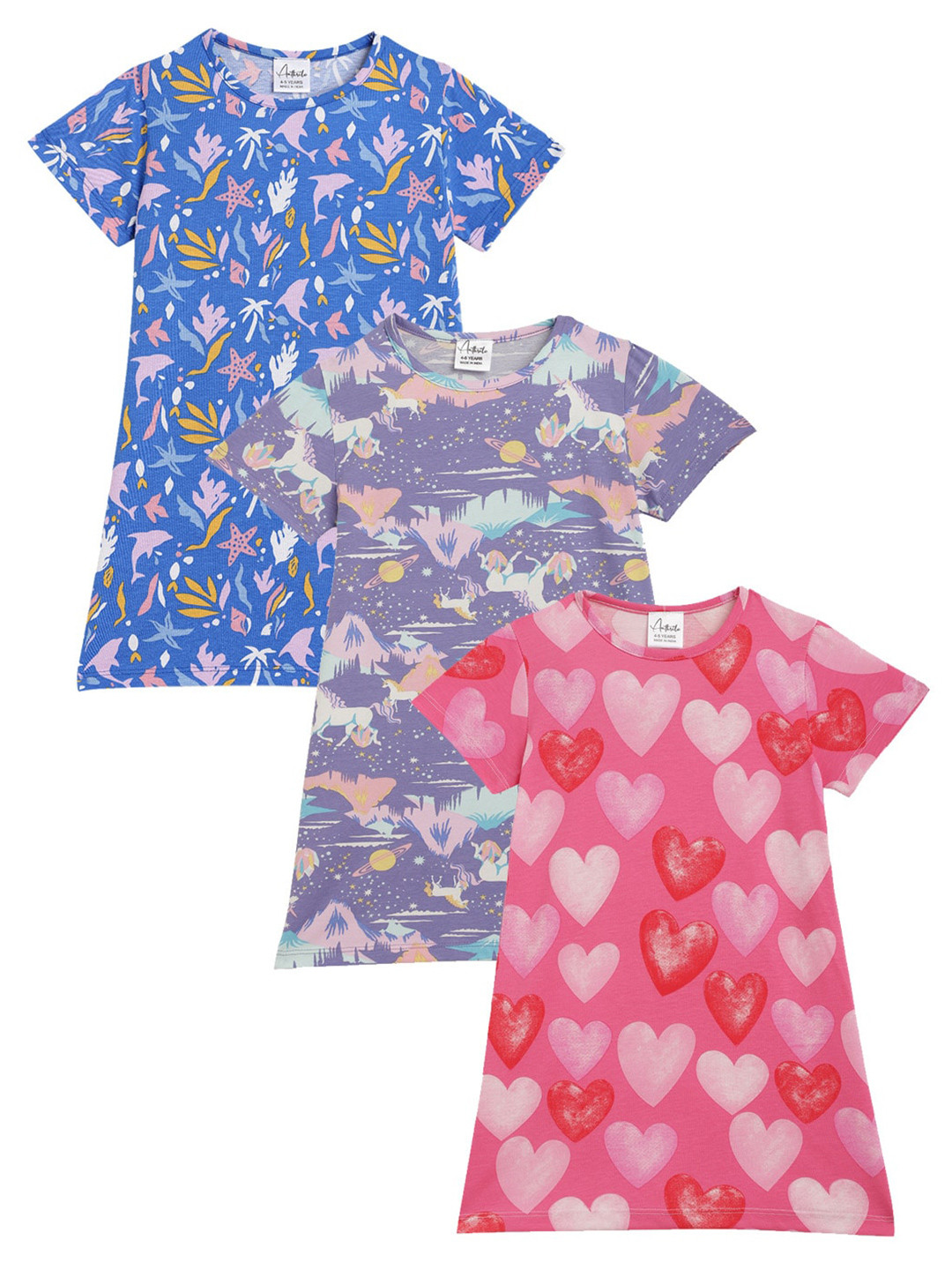 

Anthrilo Girls Pack Of 3 Conversational Printed Cotton T-shirt Dresses, Blue