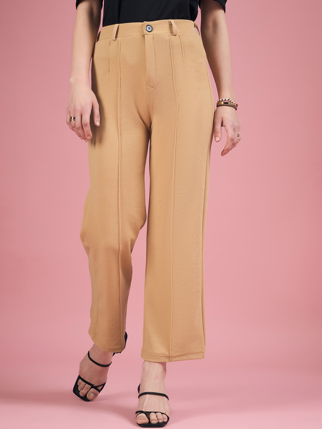 

DressBerry Women Relaxed Straight Fit High-Rise Easy Wash Trousers, Beige