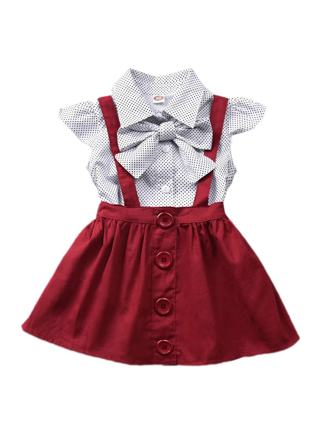 

BAESD Polka Dot Printed Shirt & Skirt With Suspenders, White