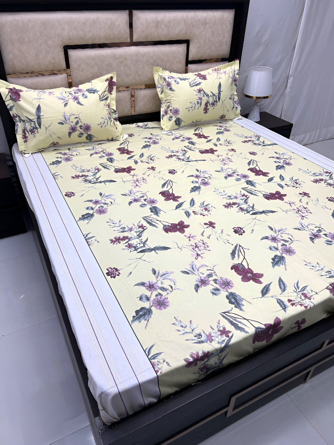 

Pure Decor Yellow & Purple Floral 300 TC King Bedsheet with 2 Pillow Covers