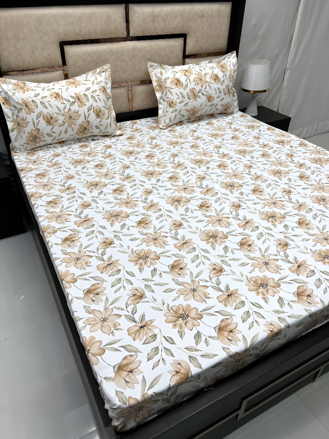 

Pure Decor White & Brown Floral Queen Bedsheet with 2 Pillow Covers