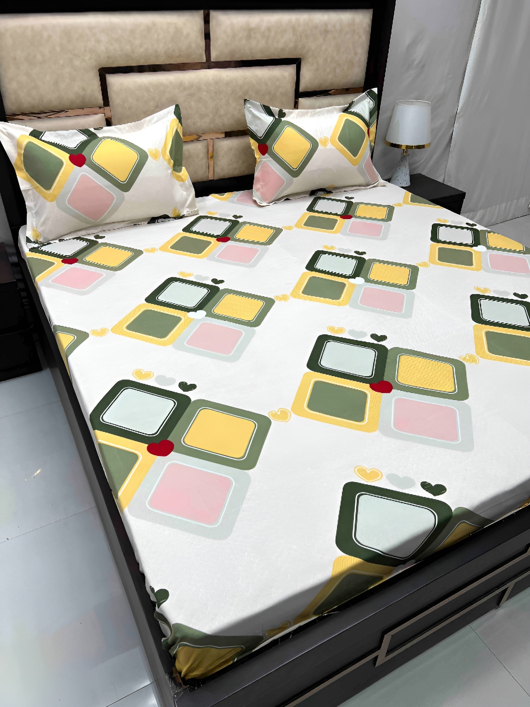 

Pure Decor Grey & Yellow Geometric King Bedsheet with 2 Pillow Covers