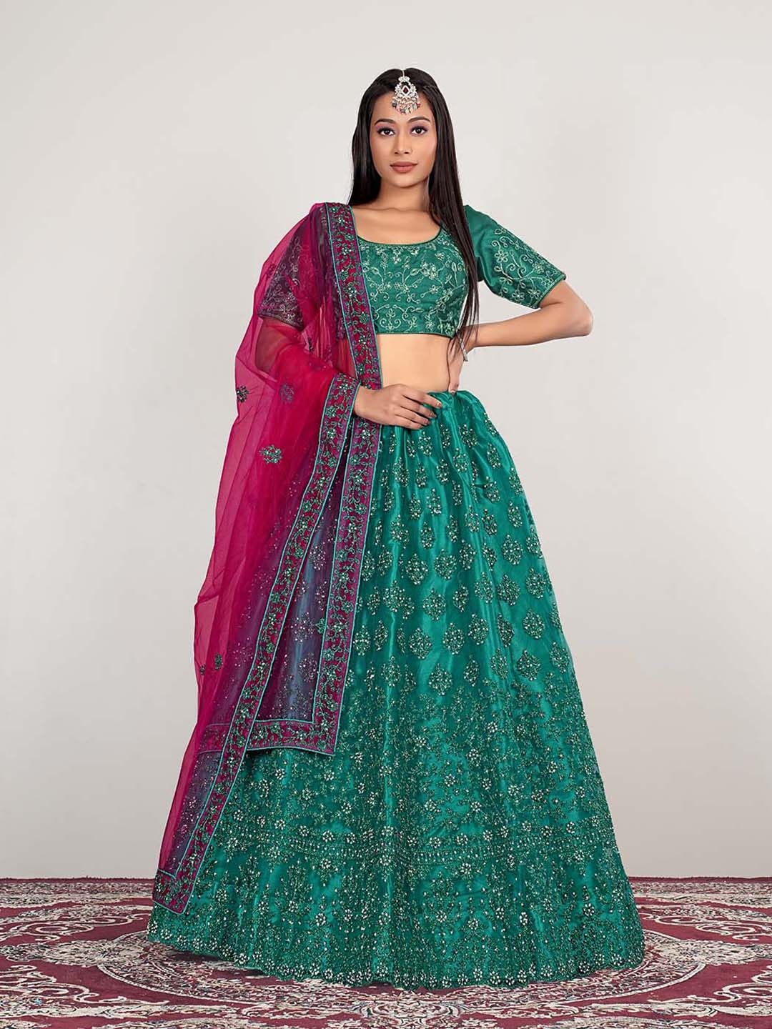 

HALFSAREE STUDIO Embroidered Thread Work Semi-Stitched Lehenga & Unstitched Blouse With Dupatta, Green