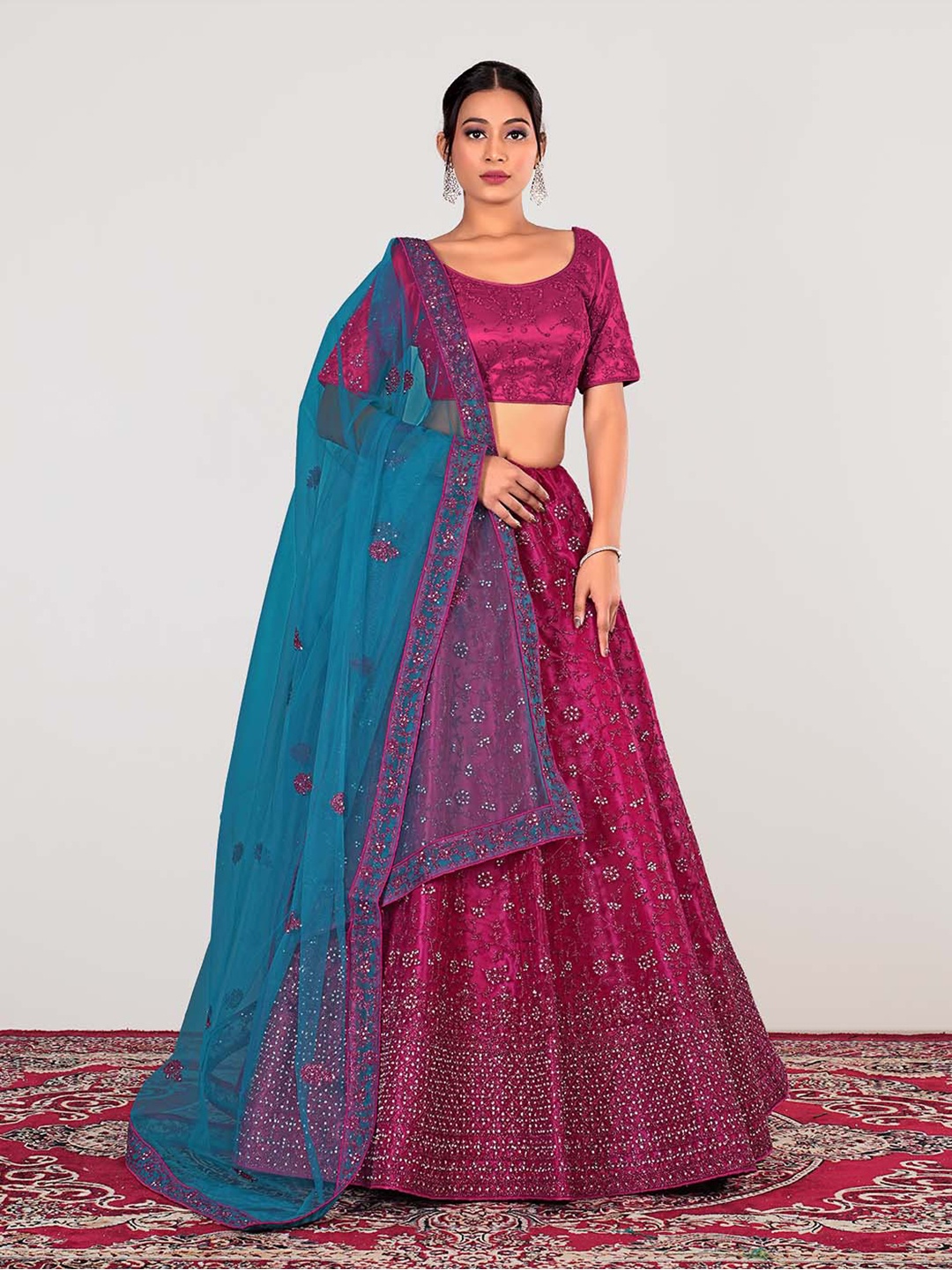 

HALFSAREE STUDIO Embroidered Semi-Stitched Lehenga & Unstitched Blouse With Dupatta, Pink