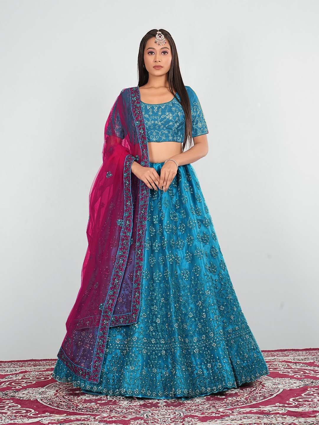 

HALFSAREE STUDIO Embroidered Semi-Stitched Lehenga & Unstitched Blouse With Dupatta, Blue