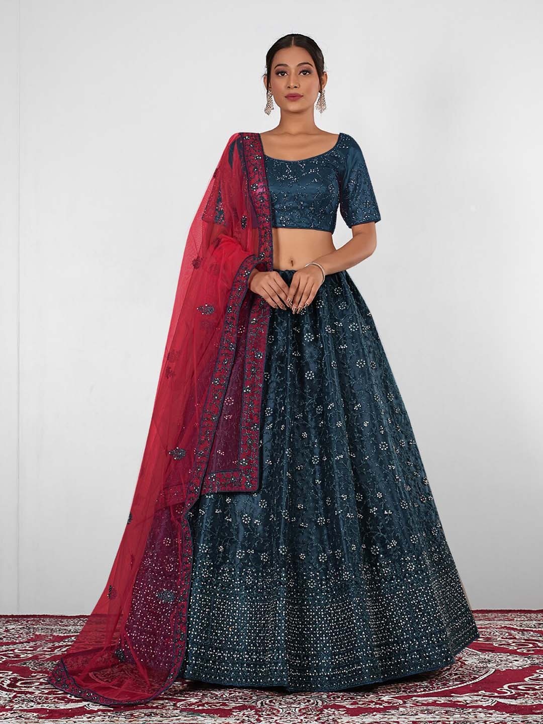 

HALFSAREE STUDIO Embroidered Semi-Stitched Lehenga & Unstitched Blouse With Dupatta, Teal