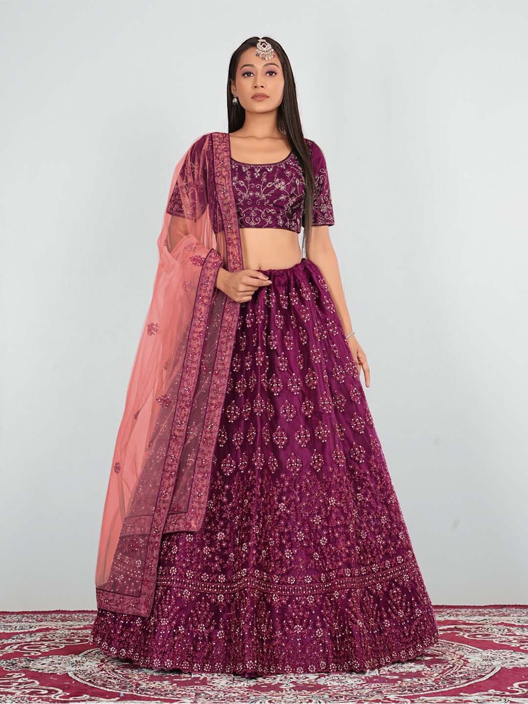 

HALFSAREE STUDIO Embroidered Semi-Stitched Lehenga & Unstitched Blouse With Dupatta, Burgundy