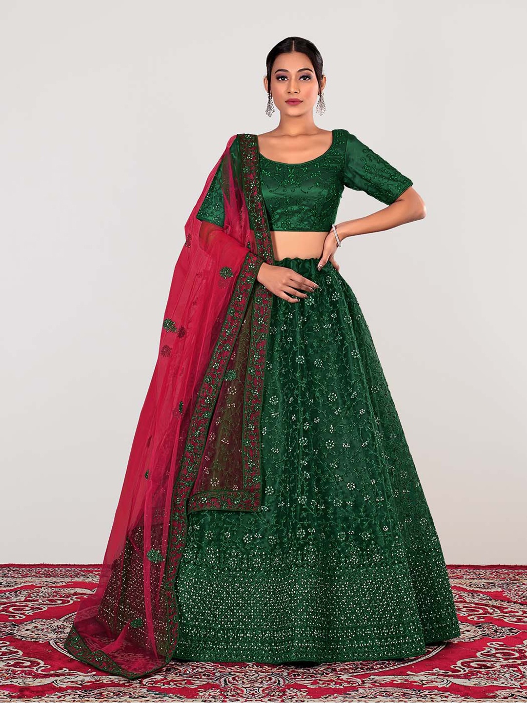 

HALFSAREE STUDIO Embroidered Beads and Stones Semi-Stitched Lehenga & Unstitched Blouse With Dupatta, Green