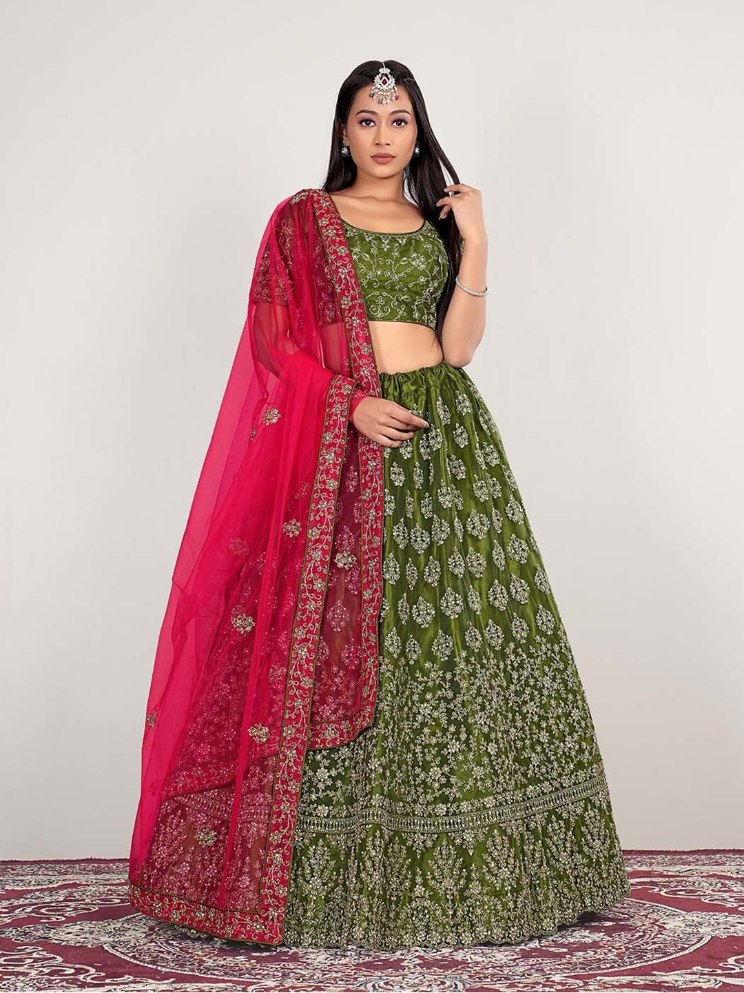 

HALFSAREE STUDIO Embroidered Beads and Stones Semi-Stitched Lehenga & Unstitched Blouse With Dupatta, Olive