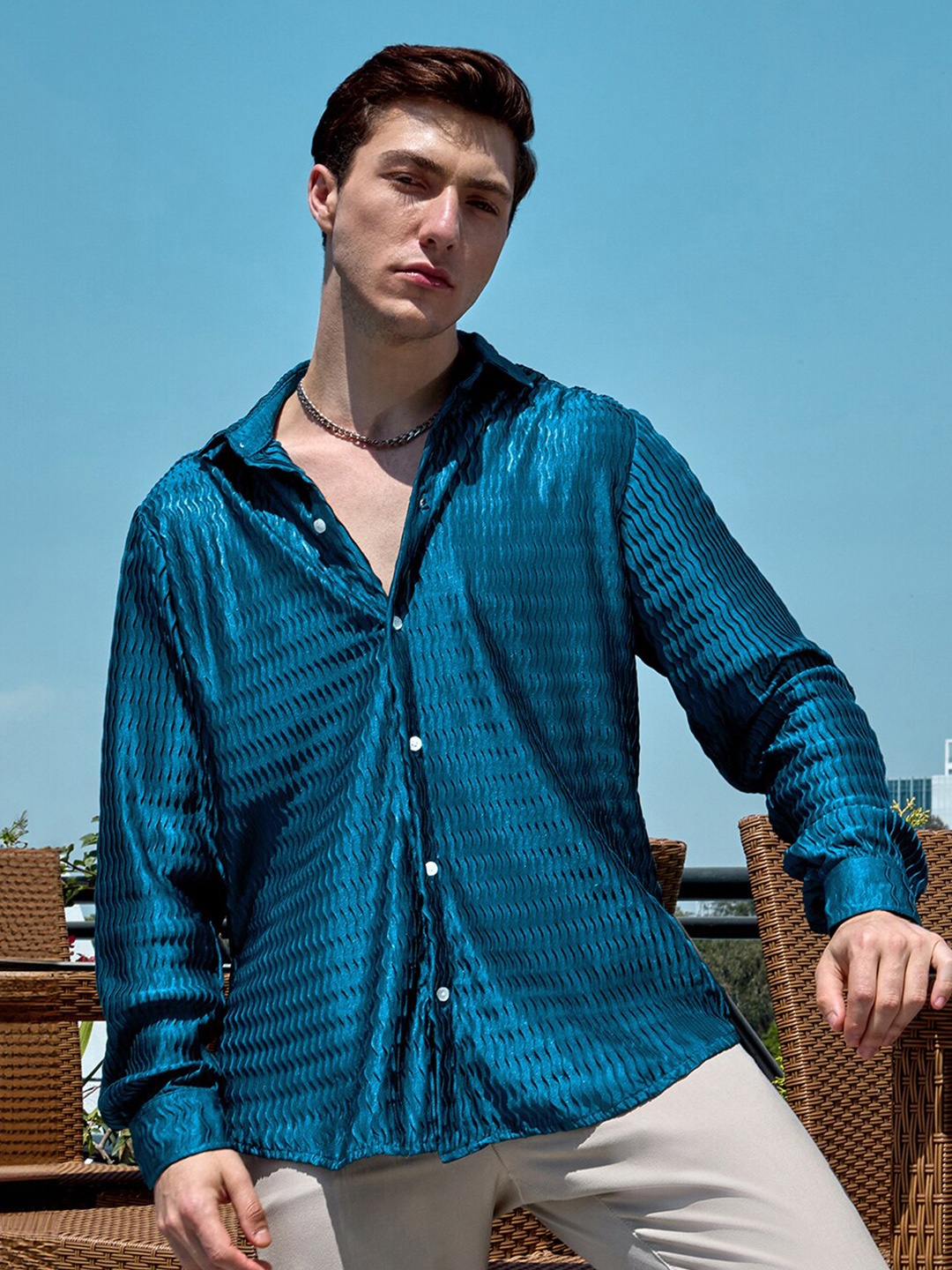 

Campus Sutra Curly-Creased Shirt, Blue