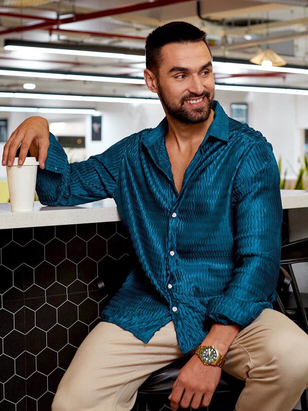 

Campus Sutra Curly-Creased Shirt, Blue