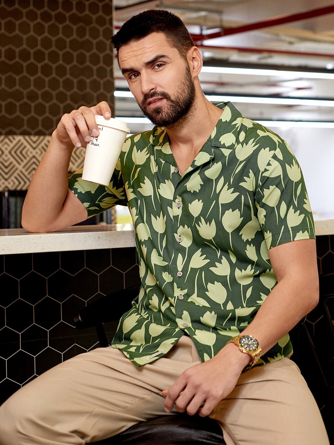 

Campus Sutra Botanical Block Shirt, Green