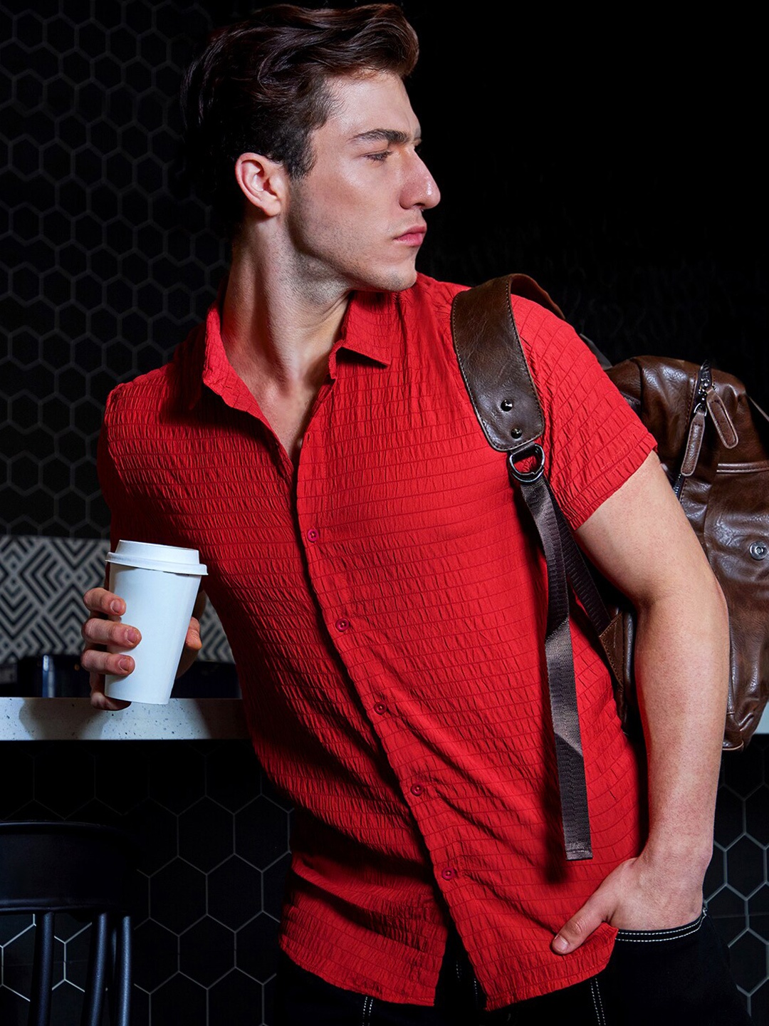 

Campus Sutra Ruched Casual Shirt, Red