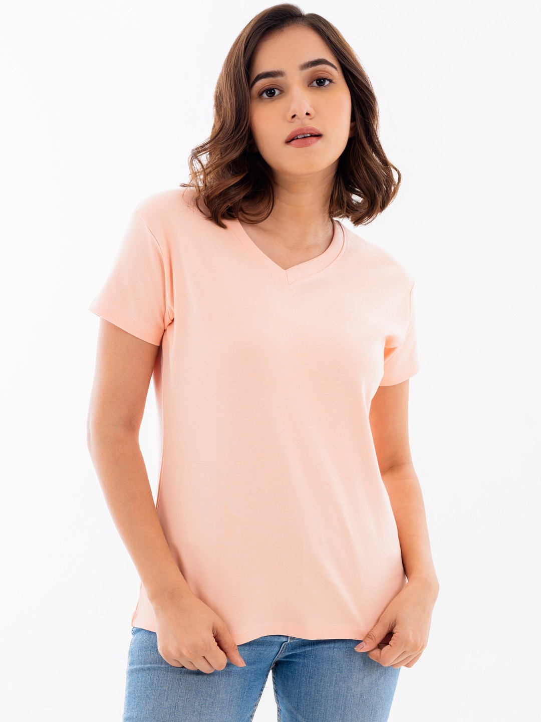 

Halff Grey V-Neck Pure Cotton T-shirt, Peach