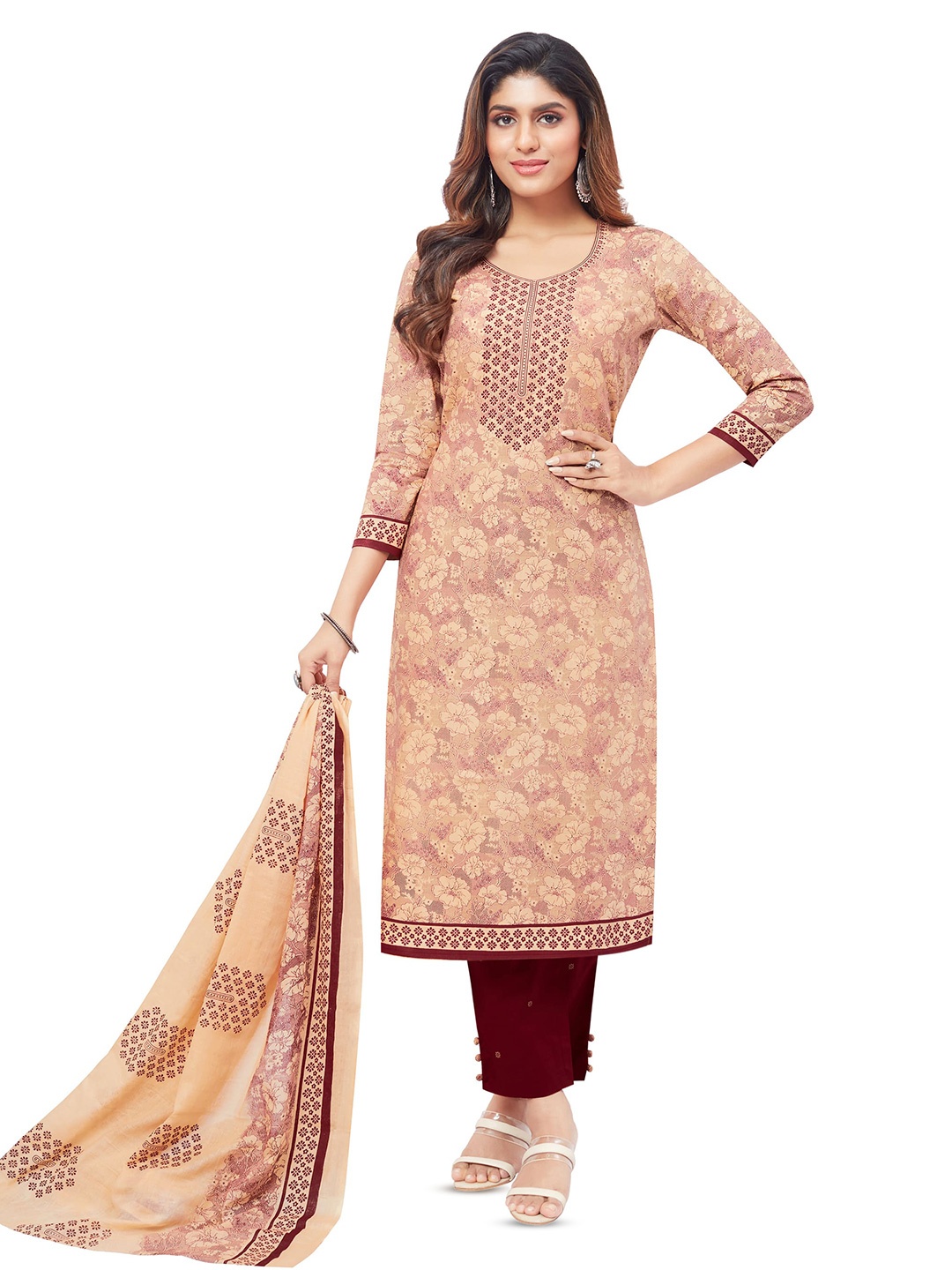 

MIRAAN Printed Pure Cotton Unstitched Dress Material, Beige